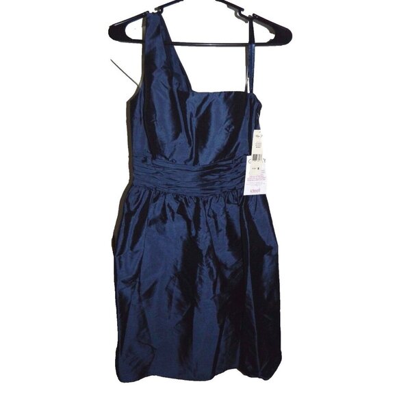 $199 NEW ELIZA J Taffeta Navy Blue One Shoulder Ruched Cocktail Evening Dress 8 - Picture 1 of 6
